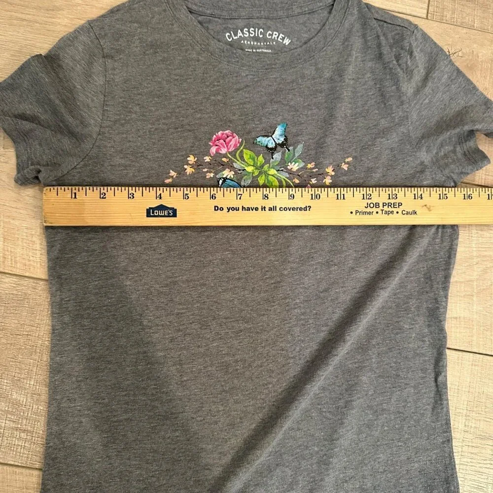 AEROPOSTALE GRAY CLASSIC CREW T SHIRT BLUE BUTTERFLIES WOMENS MEDIUM